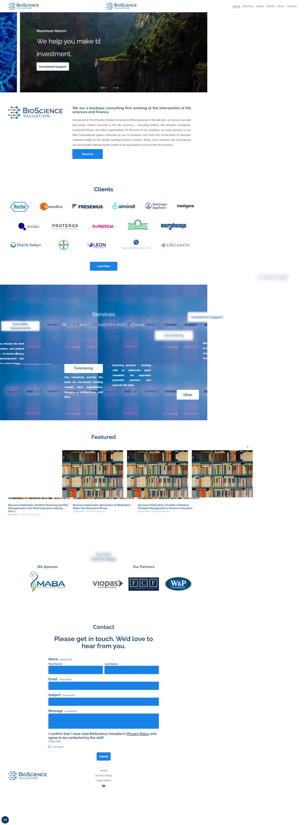BioScience Valuation corporate consulting firm website care showcase