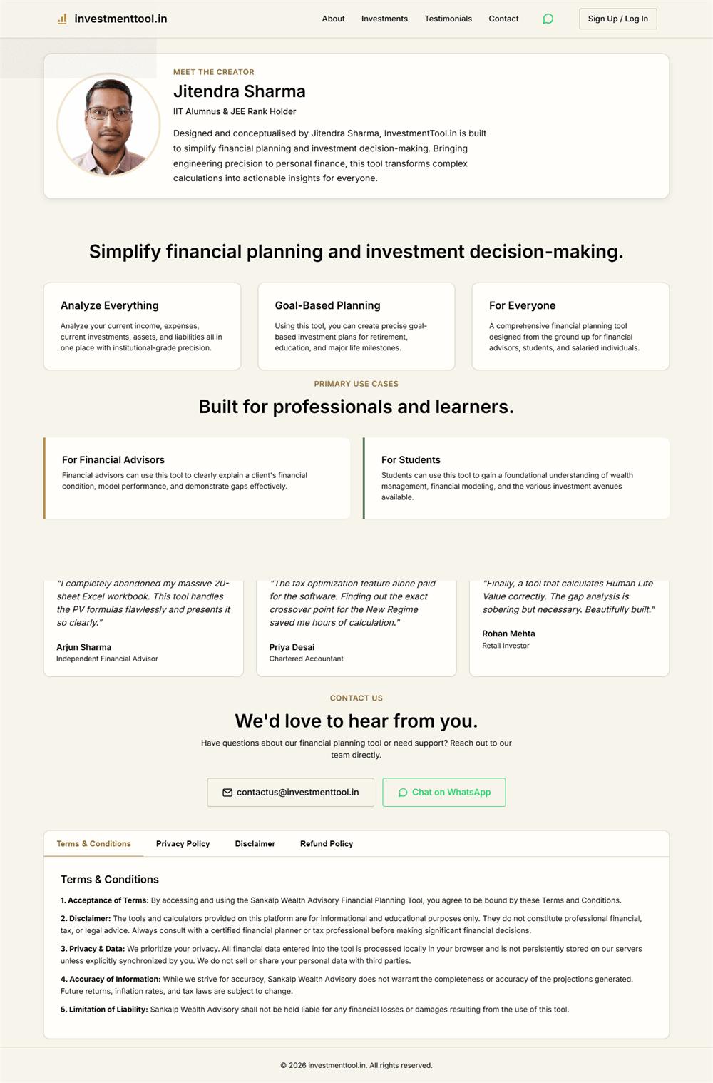 Sankalp Wealth Management Tool financial web application homepage showcase