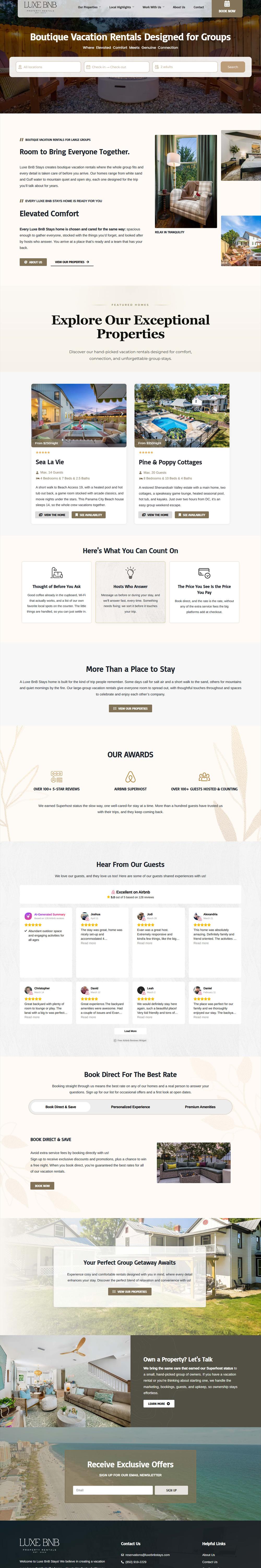 LuxeBNBStays luxury vacation rental website full homepage showcase