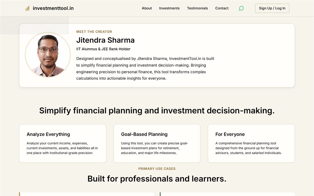 InvestmentTool.in wealth management and financial planning website homepage